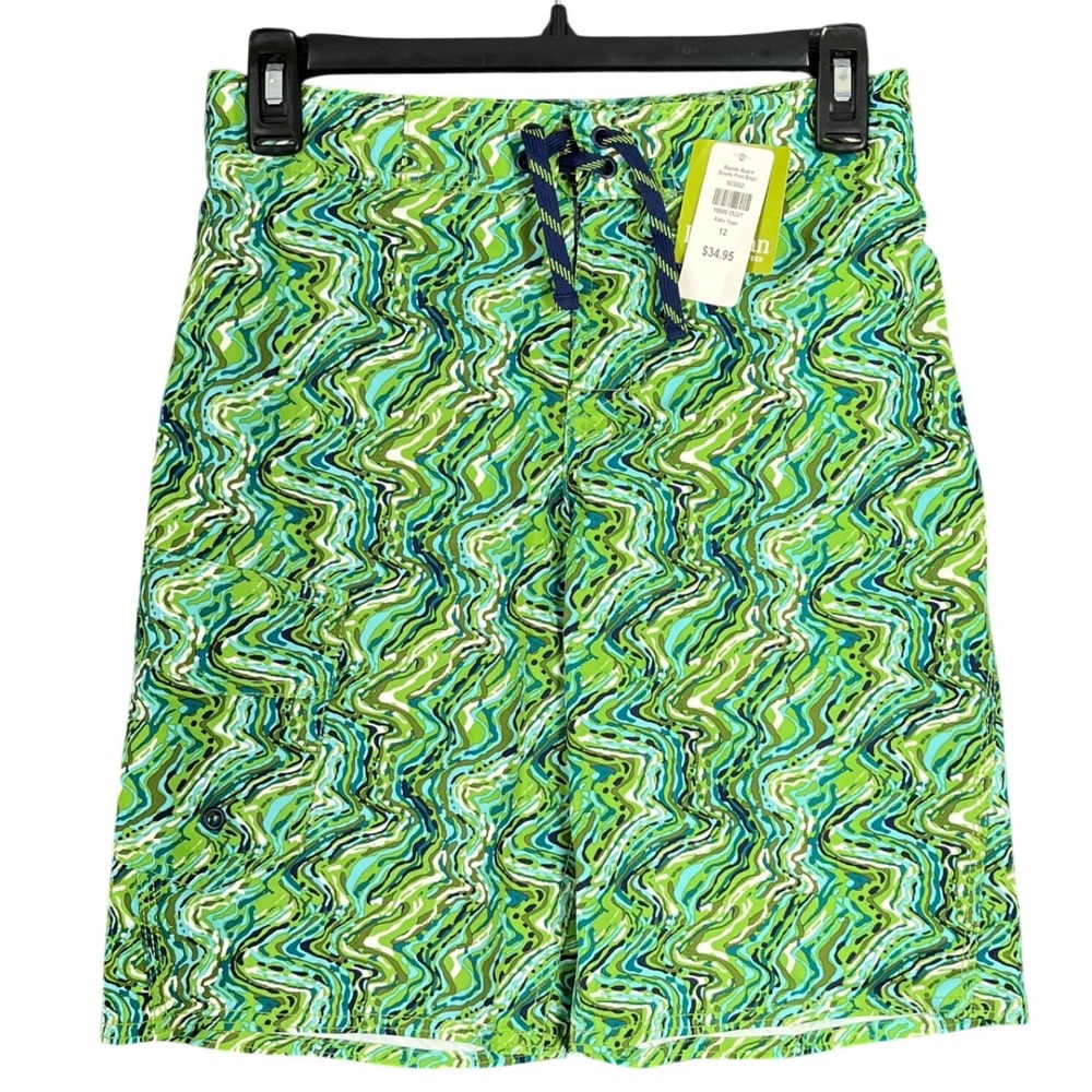 L.L. Bean Riptide Board Shorts Boys 12 Palm Topo Swirl Print UPF 50 Swim Trunks